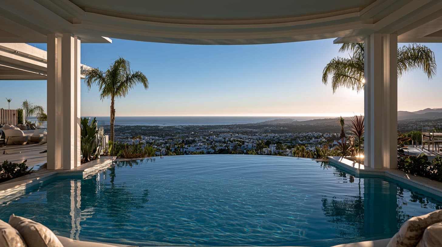 Piscina infinita con vistas al pueblo y al mar
