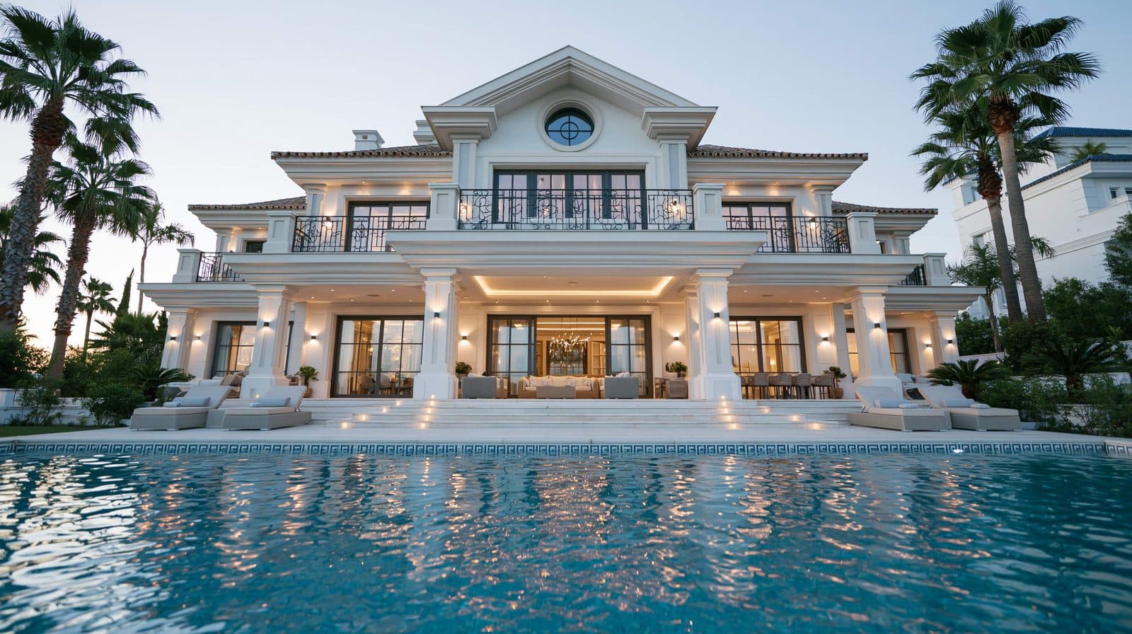 Villa clásica de lujo con columnas y piscina al atardecer